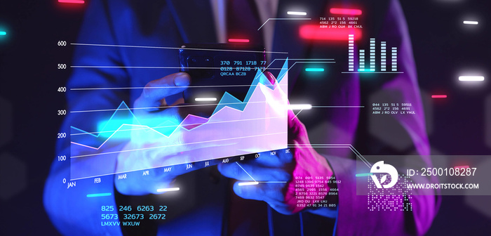 Finance forecast graph chart data, financial planning marketing, business man working on stock exchange crypto blockchain data analytics trading investment. Online meeting webinar business consult