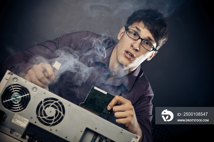 Nerd With Smoke Coming Out Of His Pc