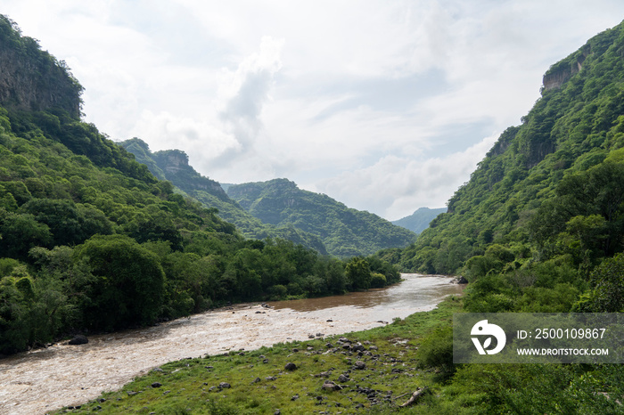 dirty river seen through the huentitan ravine in guadalajara, green vegetation, trees, plants and mountains, mexico