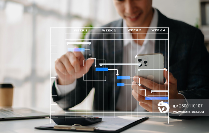 Project manager working and update tasks with milestones progress planning and Gantt chart scheduling diagram.business tram working