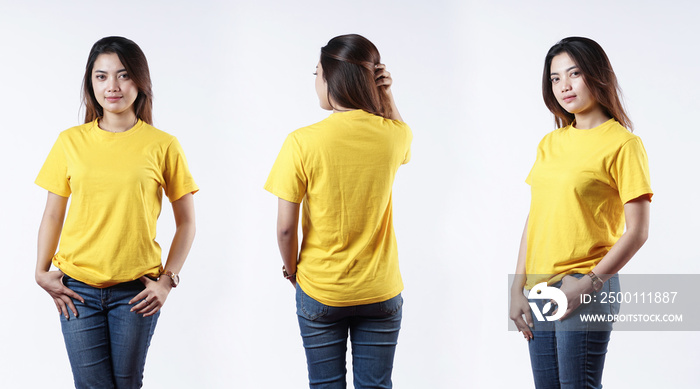 Front view yellow t-shirt Closeup on female body, woman girl in empty yellow t-shirt isolated on white background. Design woman t-shirt template and mockup for print.