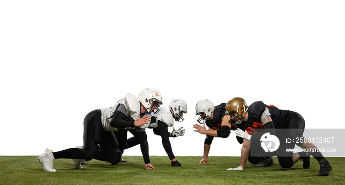 Rivals. Group of young sportive men, professional american football players in sports uniform and equipment posing isolated on white background.