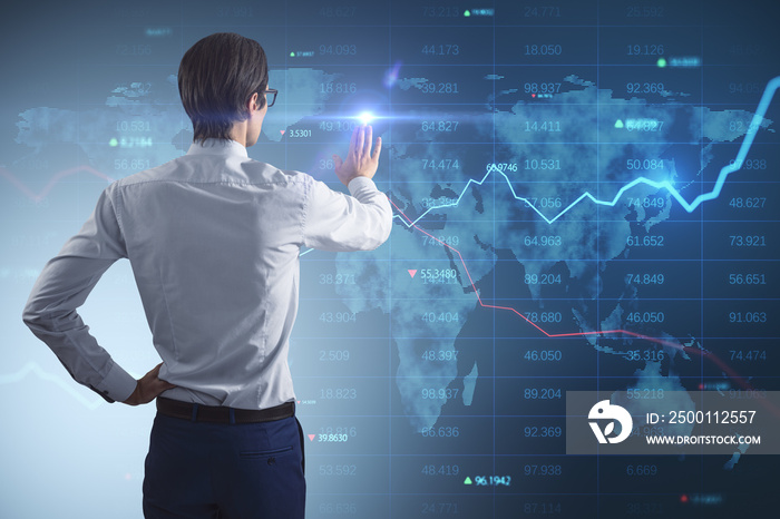 Investing, analyzing and global business concept with young man back view pushing digital touchscreen with world map, indicators and diagrams