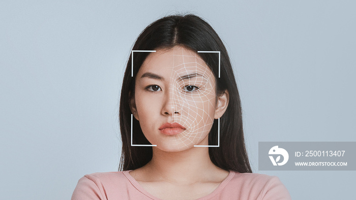 Asian woman getting face scanning, closeup, collage for modern technologies