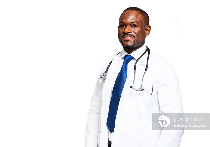 Black doctor portrait isolated on white