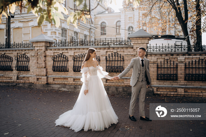 Beloved couple getting married, having wedding phtoshoot outdoors.