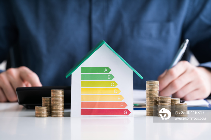 Invoice With Euro Coins And Energy Efficiency Rate On Desk