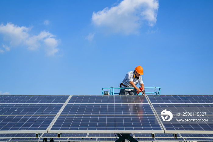 Solar panel, Worker installation Solar panel at solar energy farm field