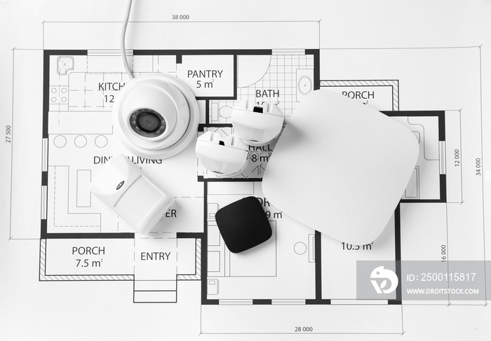 Different equipment of security system on home plan