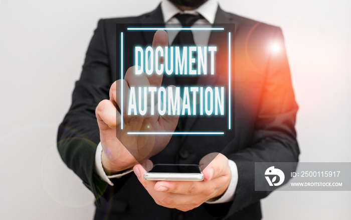 Conceptual hand writing showing Document Automation. Concept meaning workflows that assist in creation of electronic document Male human wear formal work suit hold smartphone using hand