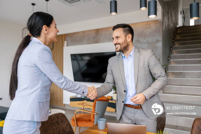 Two successful  business people shaking hands at office