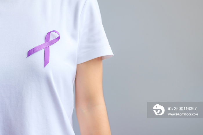 purple Ribbon for Pancreatic, Esophageal, Testicular cancer, world Alzheimer, epilepsy, lupus, Sarcoidosis, Fibromyalgia and domestic violence Awareness month. World cancer day concept