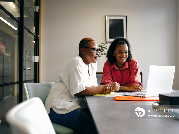 Two women looking at laptop in office