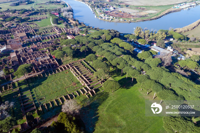 Aerial view of the Archaeological Area of Ostia Antica, founded in 620 .C Rome near the Tiber River, an ancient port