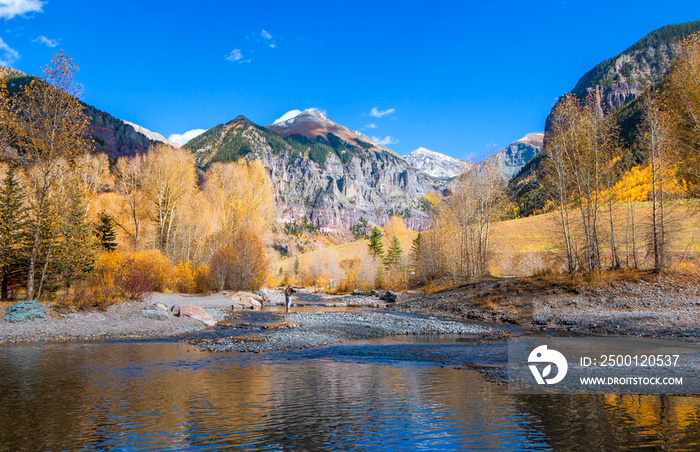 Fly Fisherman On The San Miguel River Near Telluride In Fall