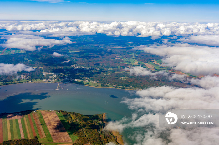 Aerial view of Portneuf and Lotbinière area, St Lawrence River with fall color