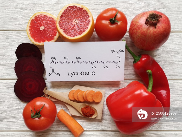 Foods rich in lycopene with structural chemical formula of lycopene molecule. Natural sources of lycopene: tomato, grapefruit, pomegranate, red bell pepper, beetroot, chili powder and carrot.