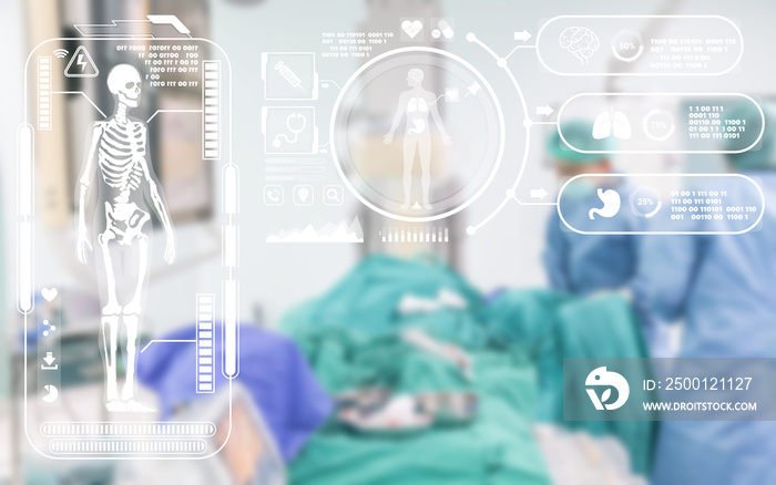 Viewing analytics at Hologram human anatomy and skeleton and blurry Medical procedure in the cathlab performing by the male surgeon background.