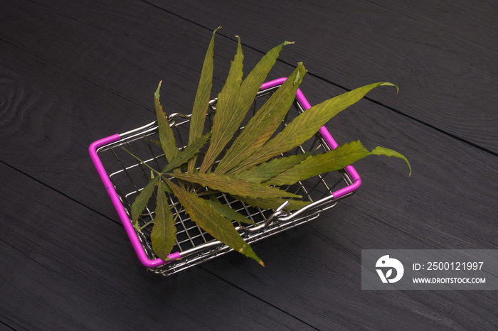 Dry cannabis leaves in a shopping basket.