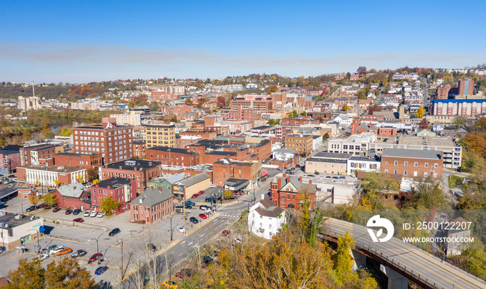 Aerial drone panorama of the downtown area of Morgantown, West Virginia