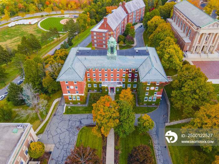 College of the Holy Cross and landscape aerial view with fall foliage, City of Worcester, Massachusetts MA, USA.