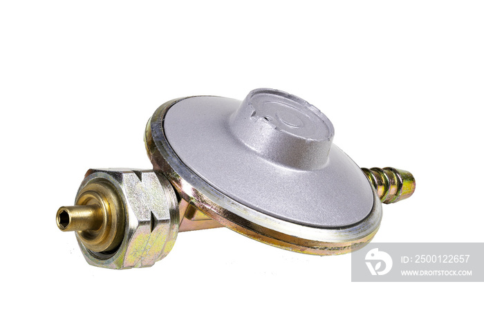 Metal reducer for propane-butane gas cylinders. Accessories used in home gas installations.