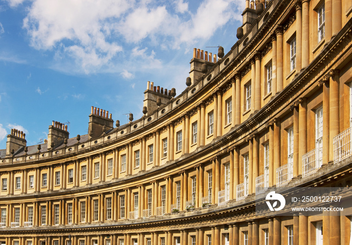 The listed Georgian ’The Circus’ apartments in Royal Bath Spa in England under blue skies