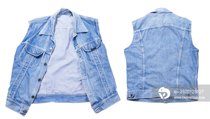 Denim vest set, set of denim vest, jeans vest front back view. Folded Vest isolated on white background copy space