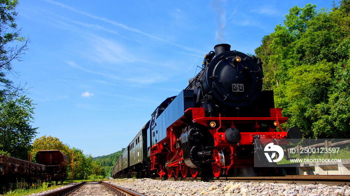 nostalgischer Dampfzug der Sauschwänzle Bahn fährt durch den sonnigen Schwarzwald