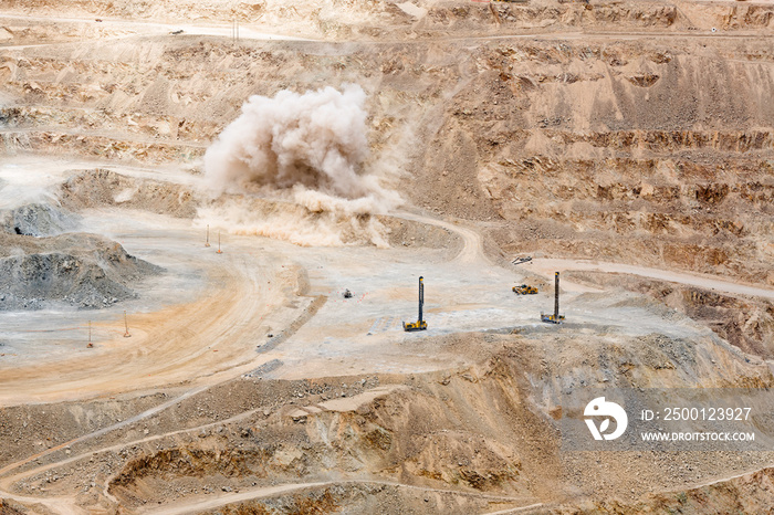 Mining blast at an open pit copper mine in Chile