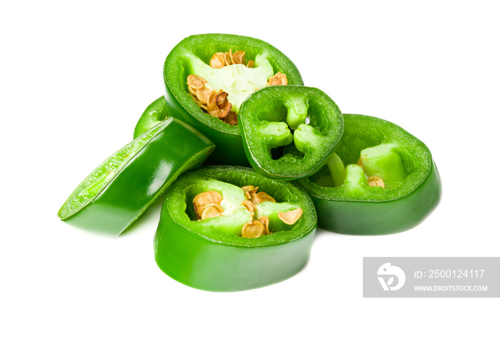 sliced jalapeno peppers isolated on white background. Green chili pepper. Capsicum annuum