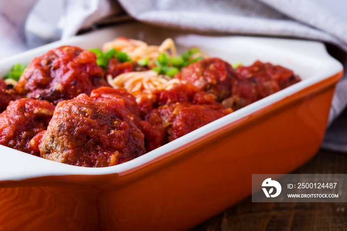 Beef  meatballs with spaghetti in  marinara sauce