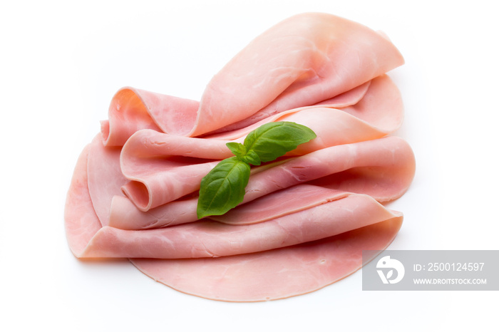 Sliced boiled ham sausage isolated on white background, top view.