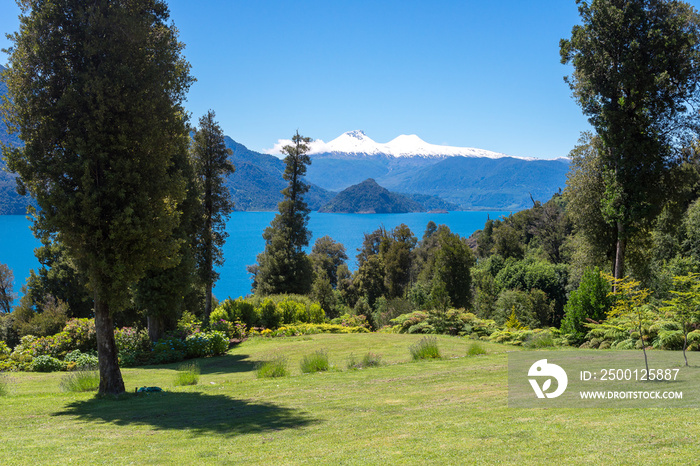 Riñihue lake and Mocho-Choshuenco national reserve as background, Chile