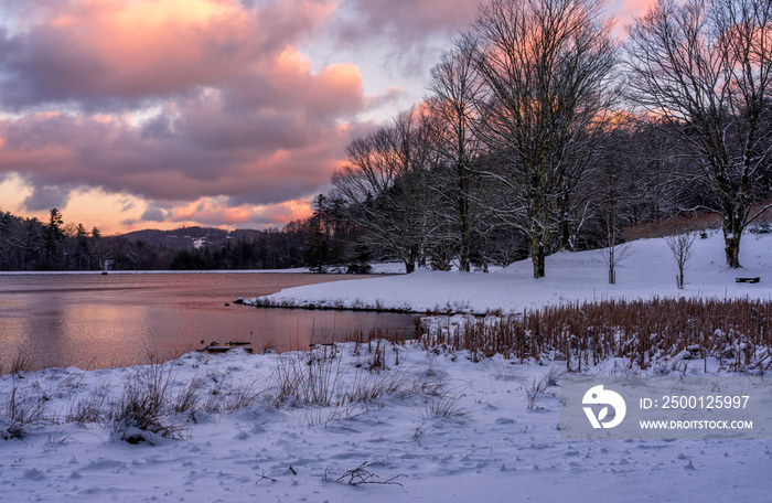 Winter snow sunset at Bass Lake - Blowing Rock