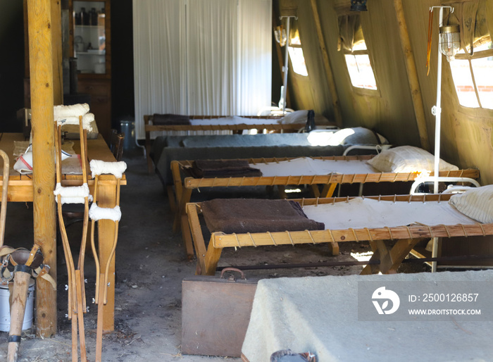 Military hospital tent or field hospital.