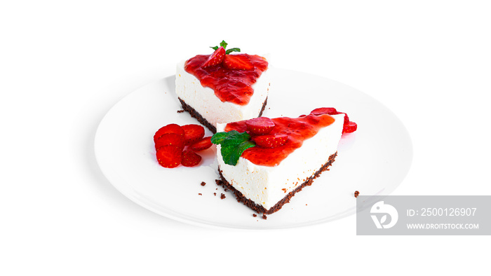 Cheesecake with strawberry isolated on a white background. Cheesecake on plate.