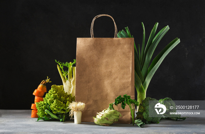 Shopping healthy food concept. Healthy food with paper bag vegetables on dark background