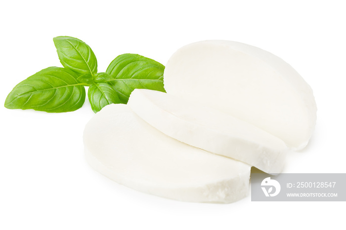 Mozzarella cheese with basil leaves isolated on white background