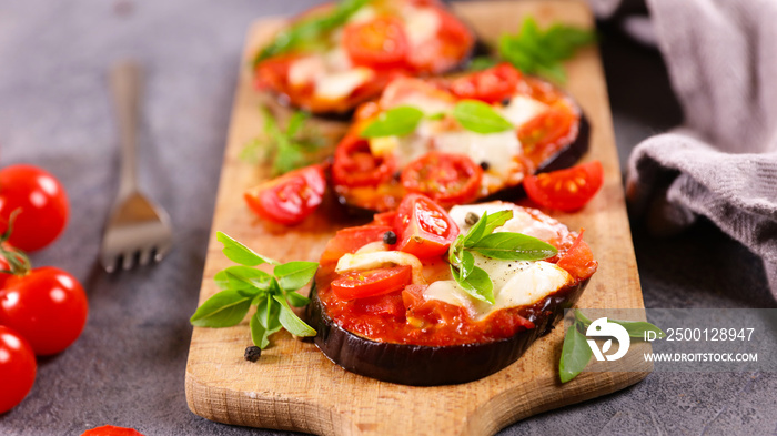 eggplant pizza with tomato sauce,  mozzarella and basil