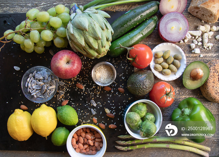 Mediterranean Diet food displayed on natural surfaces top view