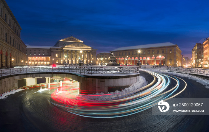 Light trails in front of Munich National theatre and Maximilian street at night