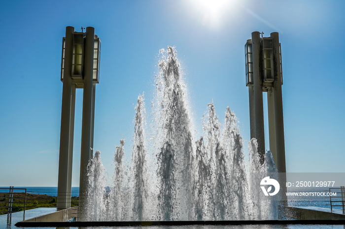 Water fountain display at the McCormick Place in Chicago, Illinois. Outdoor structure.