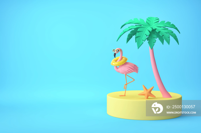 Tropical island with palm tree and funny pink flamingo. Summer vacation concept