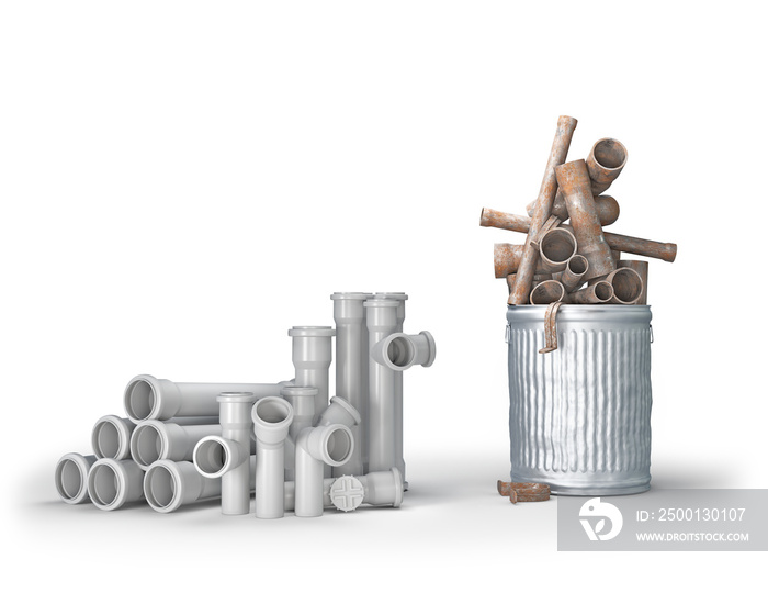 Old rusty pipes in a trash can beside new pvc pipes, 3d illustration