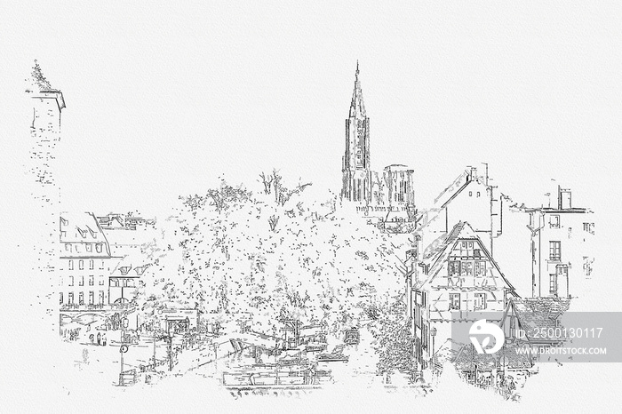 Street city of Strasbourg sketch, beautiful famous landmark at France.