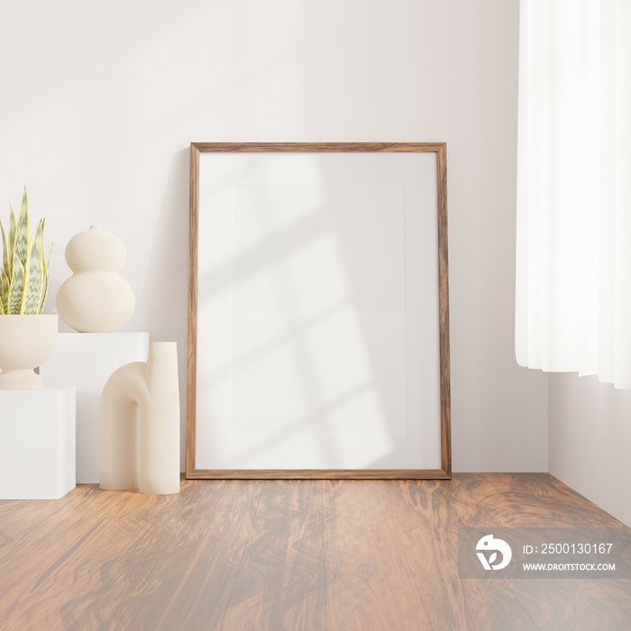 Vertical wood frame mockup in living room interior with window light shadow. 3d rendering, 3d illustration