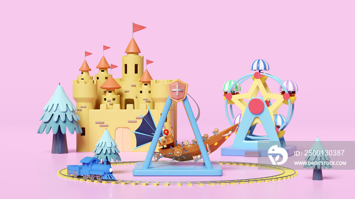 3d amusement park concept with teddy bear viking ship, railroad tracks, ferris wheel, landscape, castle, towers isolated on pink. 3d render illustration, clipping path