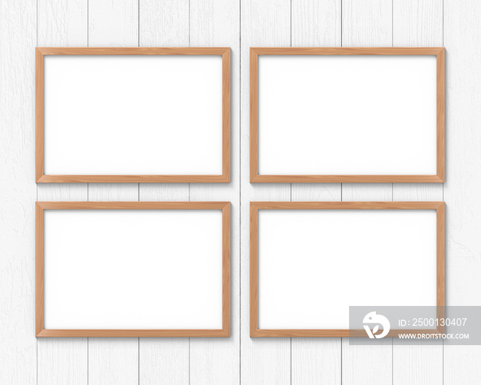 Set of 4 horizontal wooden frames mockup hanging on the wall. Empty base for picture or text. 3D rendering.