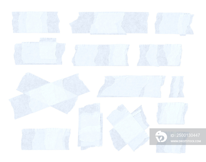 Collection of adhesive tape pieces on transparent background, isolated